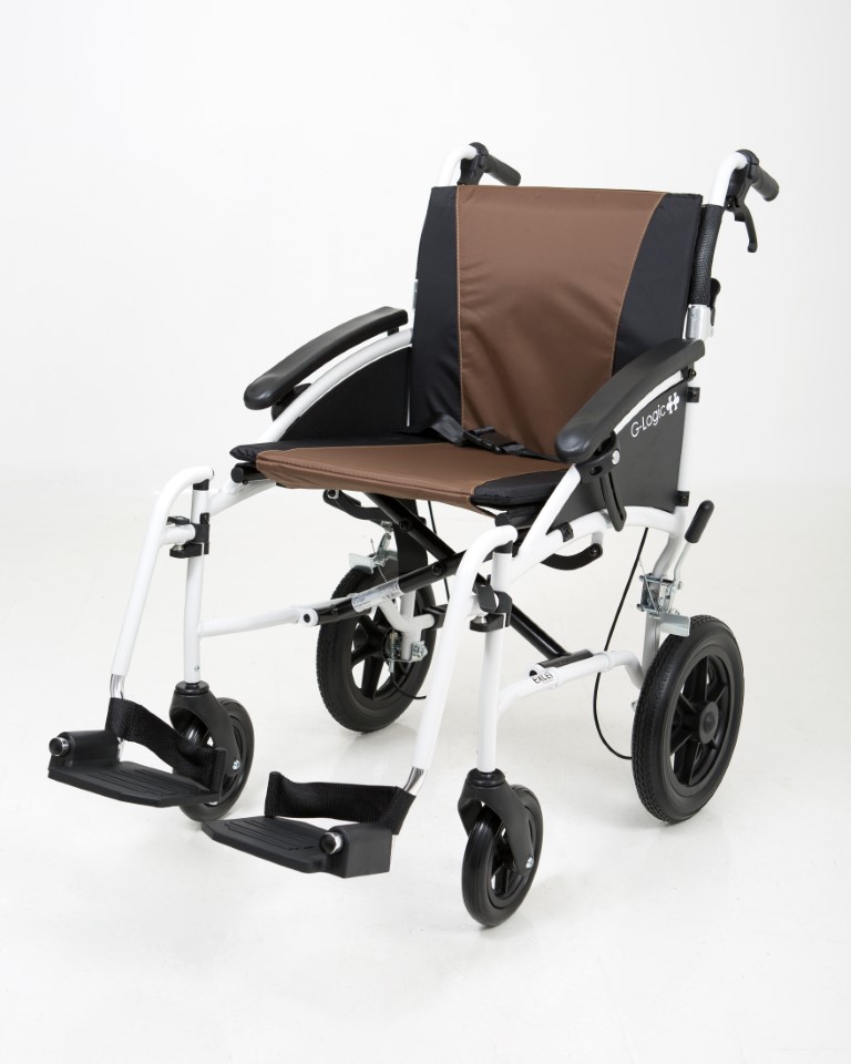 Excel G-Logic Lightweight Transit Wheelchair With White Frame and Brown Upholstery 20'' Wide Seat